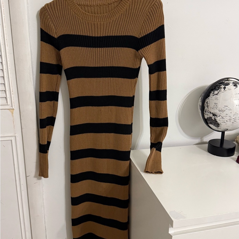 SHEIN Black and Tan Ribbed Long Sleeve Sweater Dress